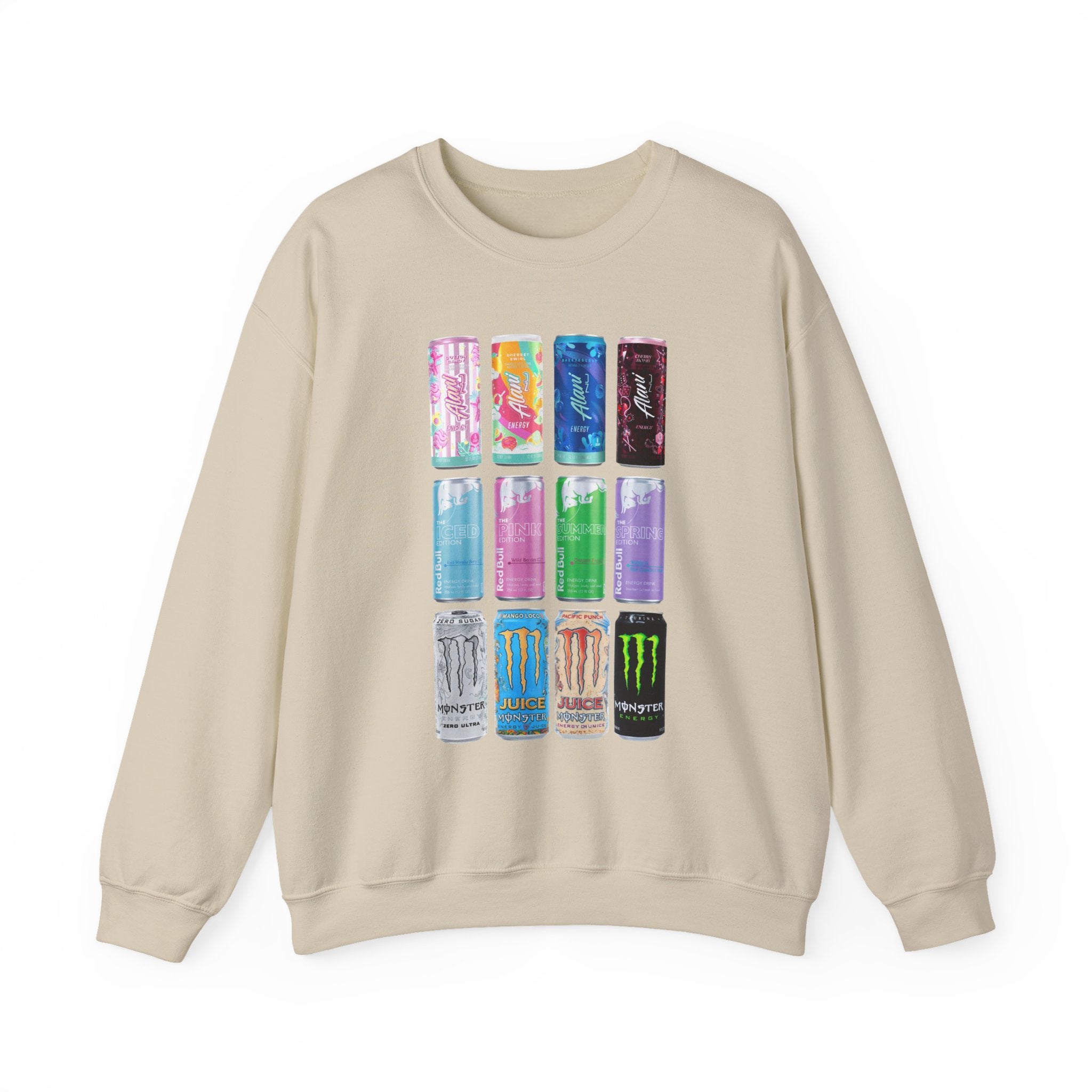 Energy Drink Can Grid Sweatshirt — Colorful Beverage Graphic Crewneck