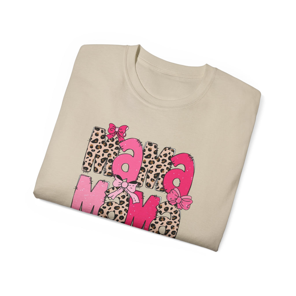 Mama Momma Leopard Pink Graphic Tee — Mother's Day Floral Bow T-Shirt