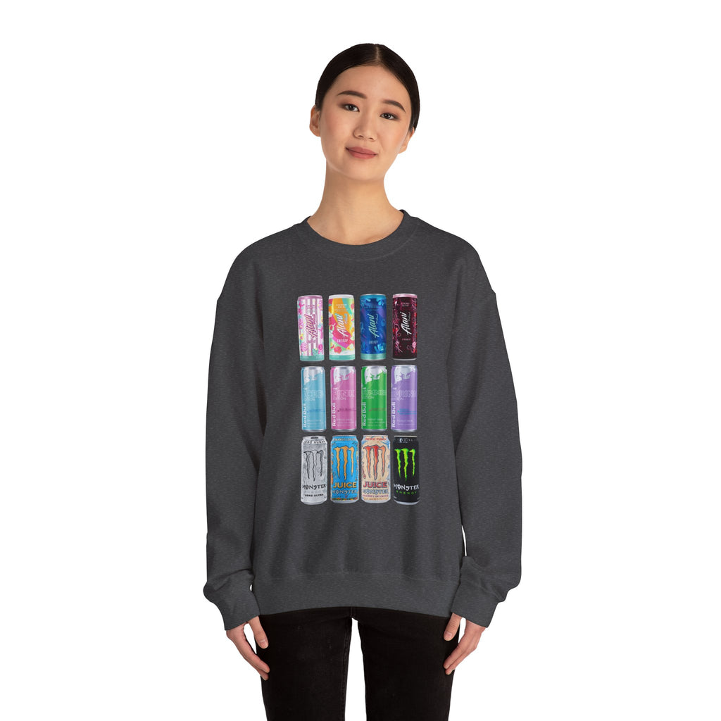 Energy Drink Can Grid Sweatshirt — Colorful Beverage Graphic Crewneck