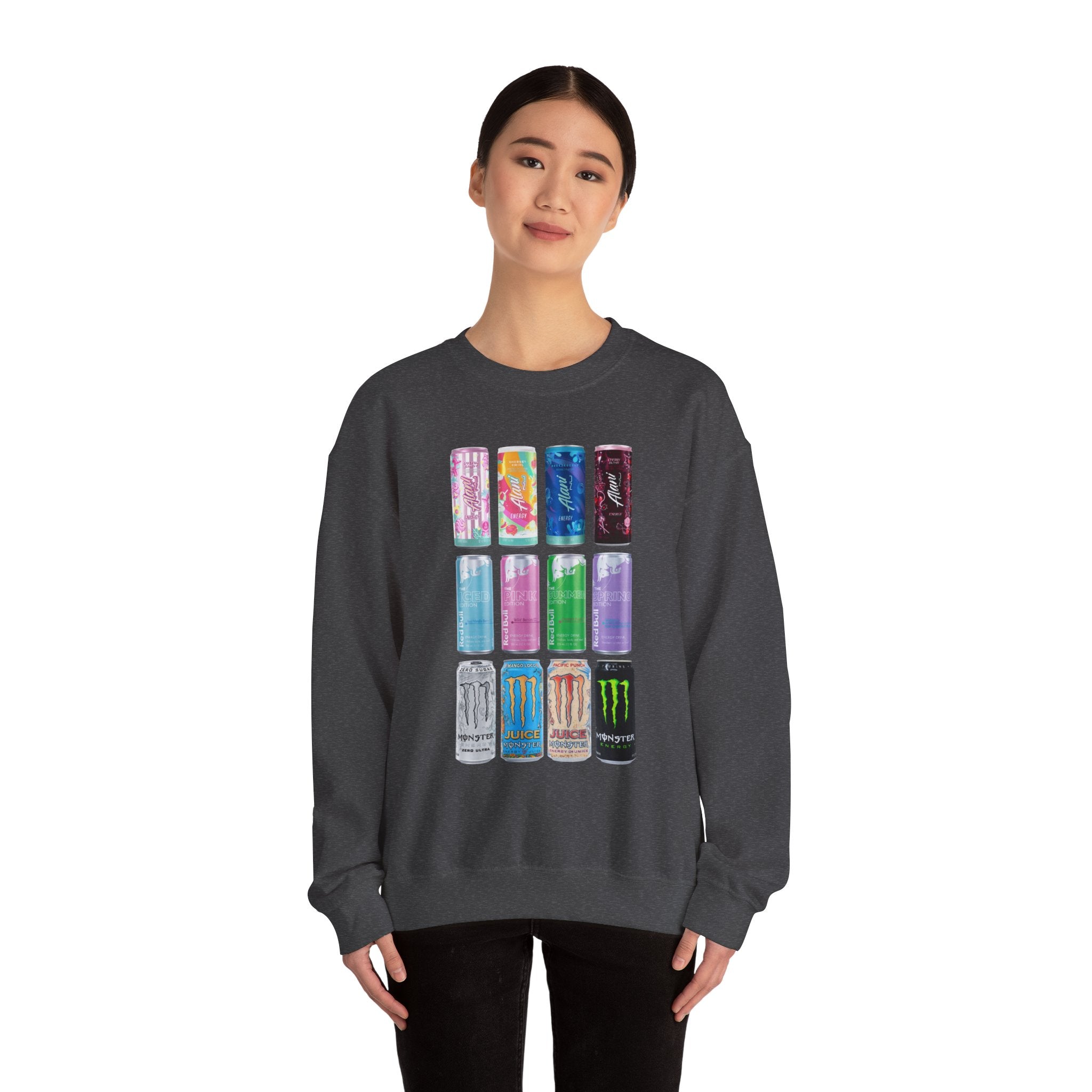 Energy Drink Can Grid Sweatshirt — Colorful Beverage Graphic Crewneck