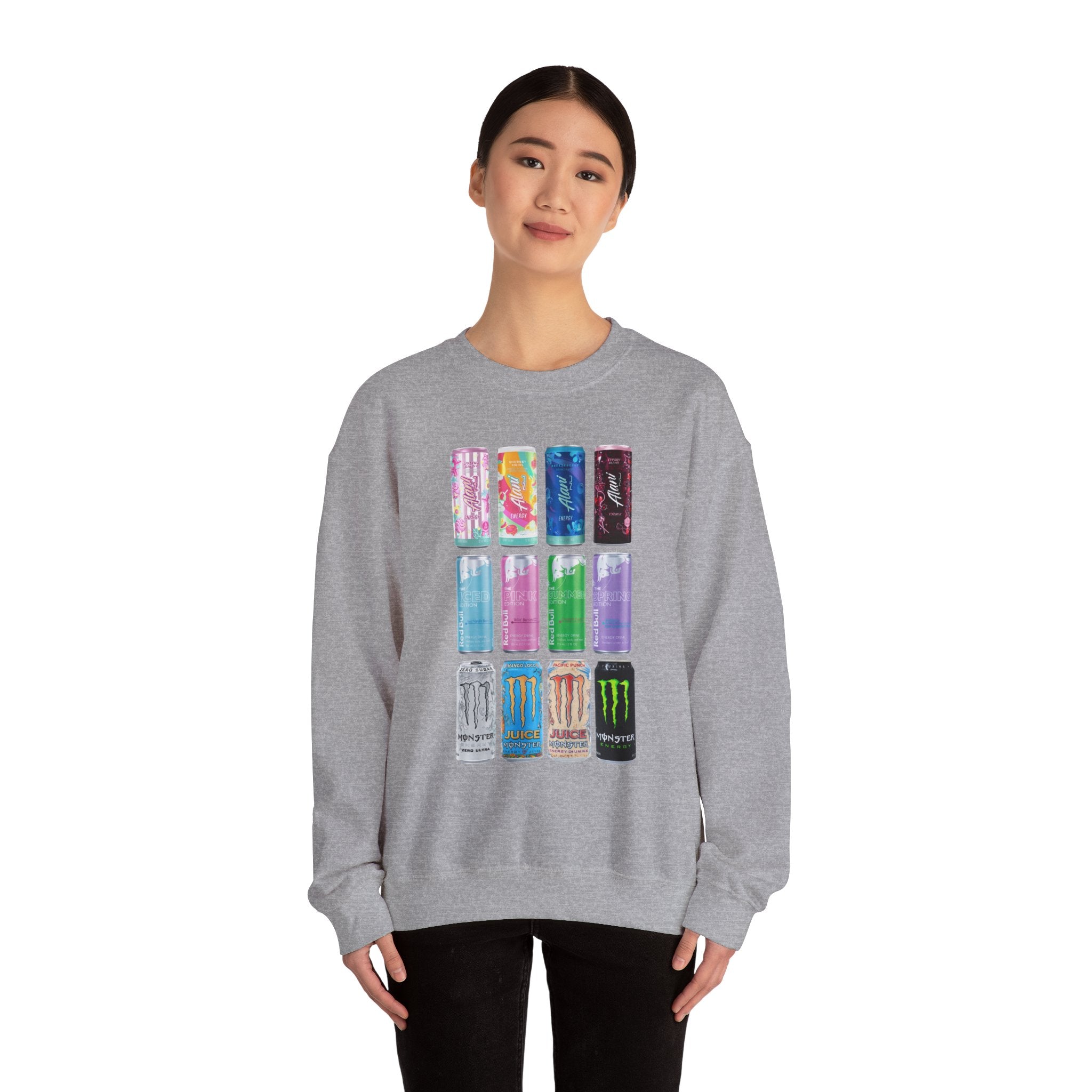 Energy Drink Can Grid Sweatshirt — Colorful Beverage Graphic Crewneck