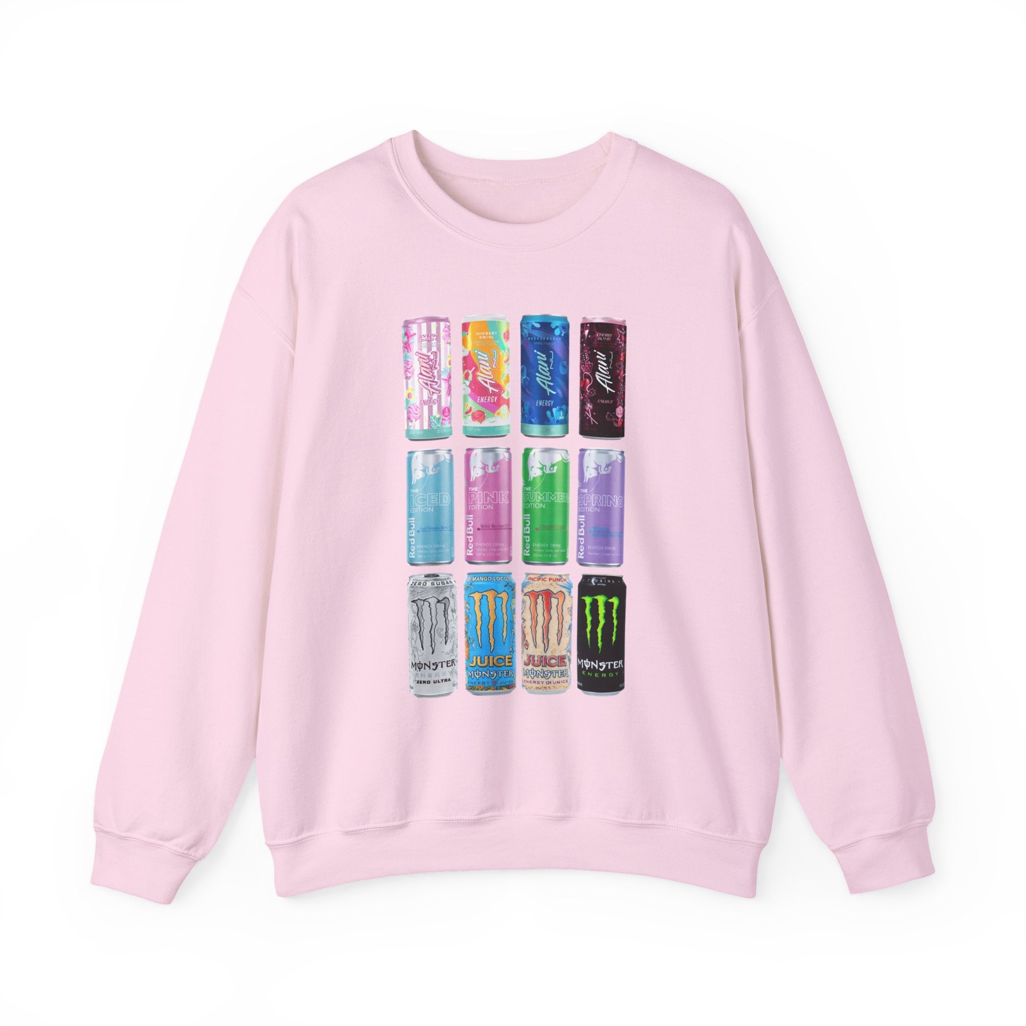 Energy Drink Can Grid Sweatshirt — Colorful Beverage Graphic Crewneck