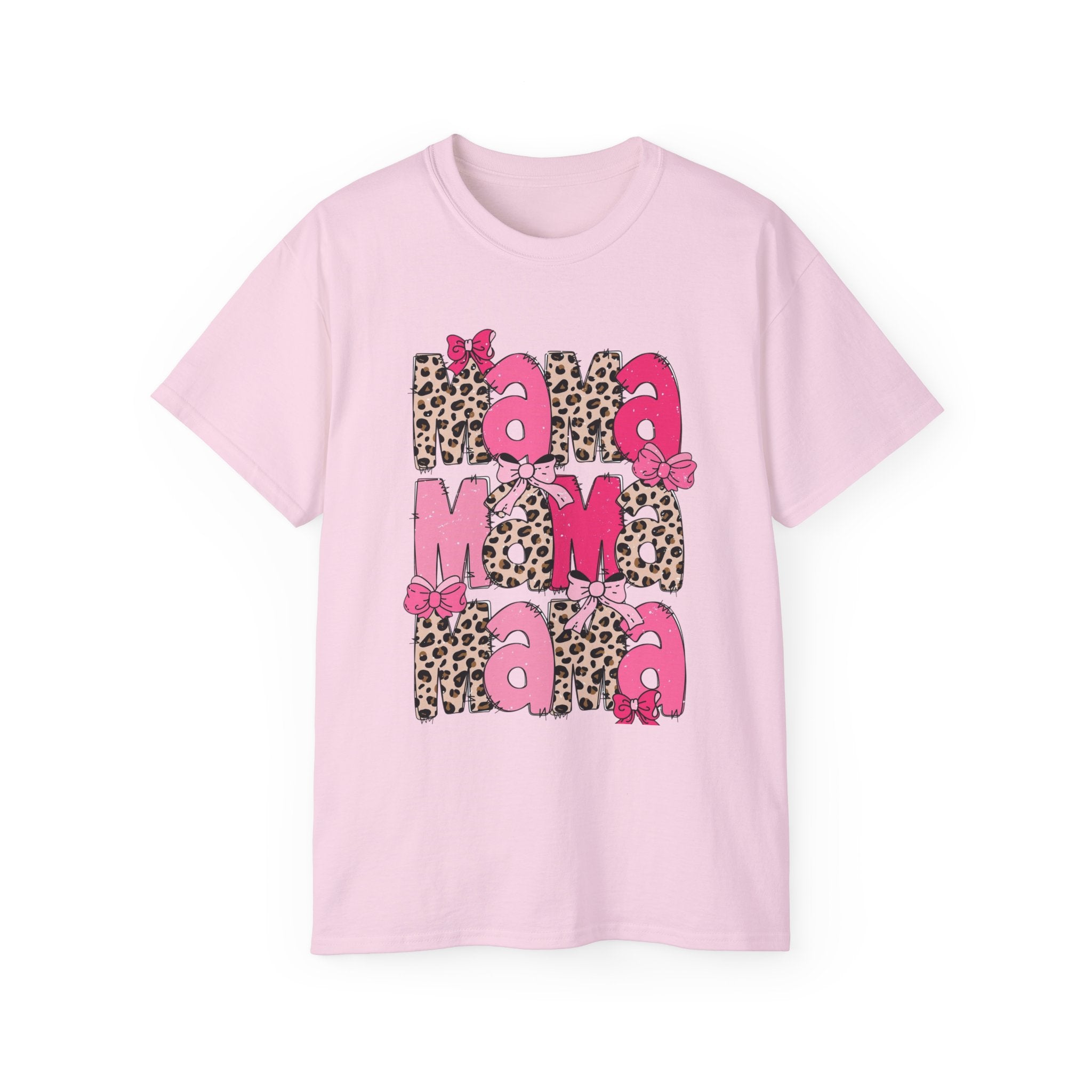 Mama Momma Leopard Pink Graphic Tee — Mother's Day Floral Bow T-Shirt