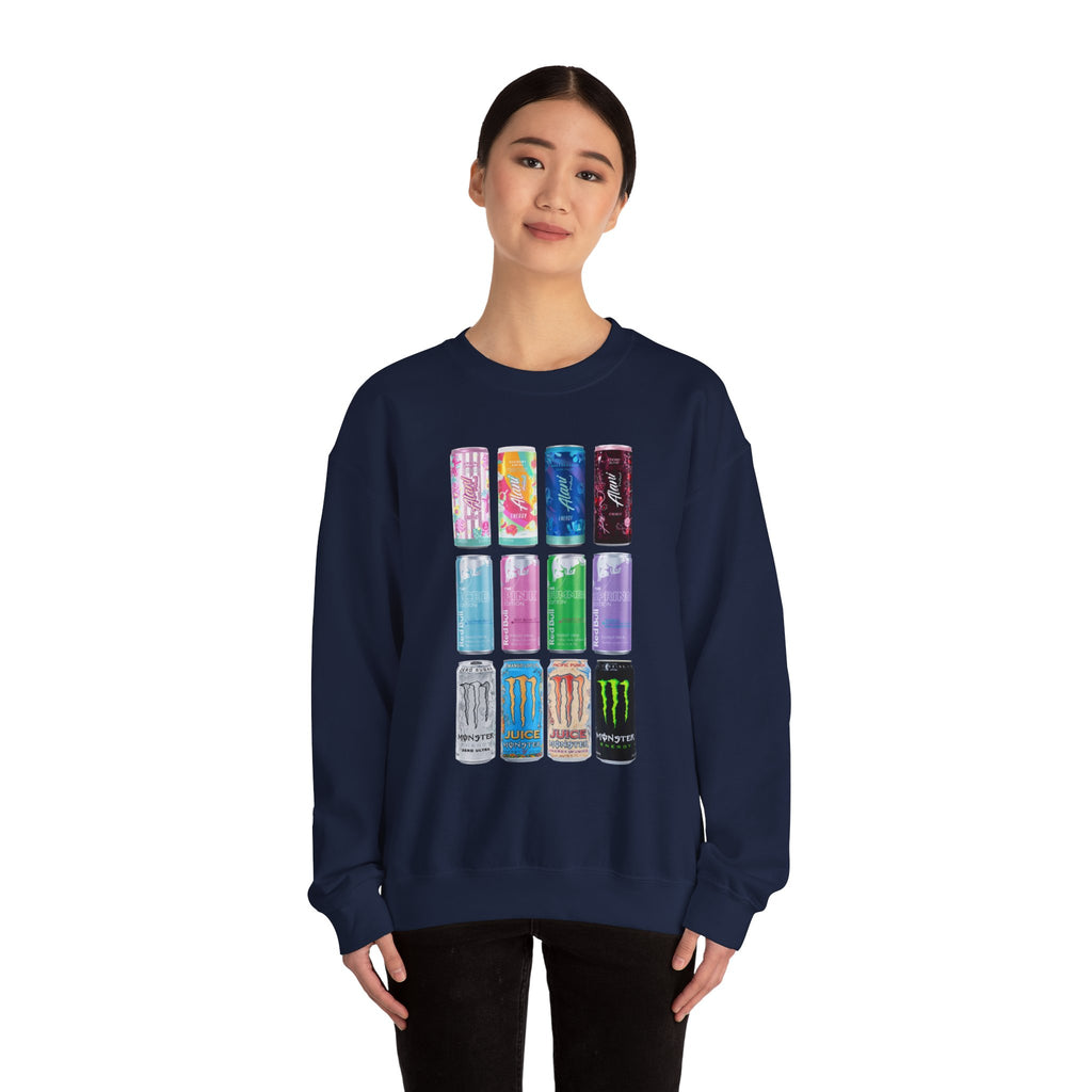 Energy Drink Can Grid Sweatshirt — Colorful Beverage Graphic Crewneck