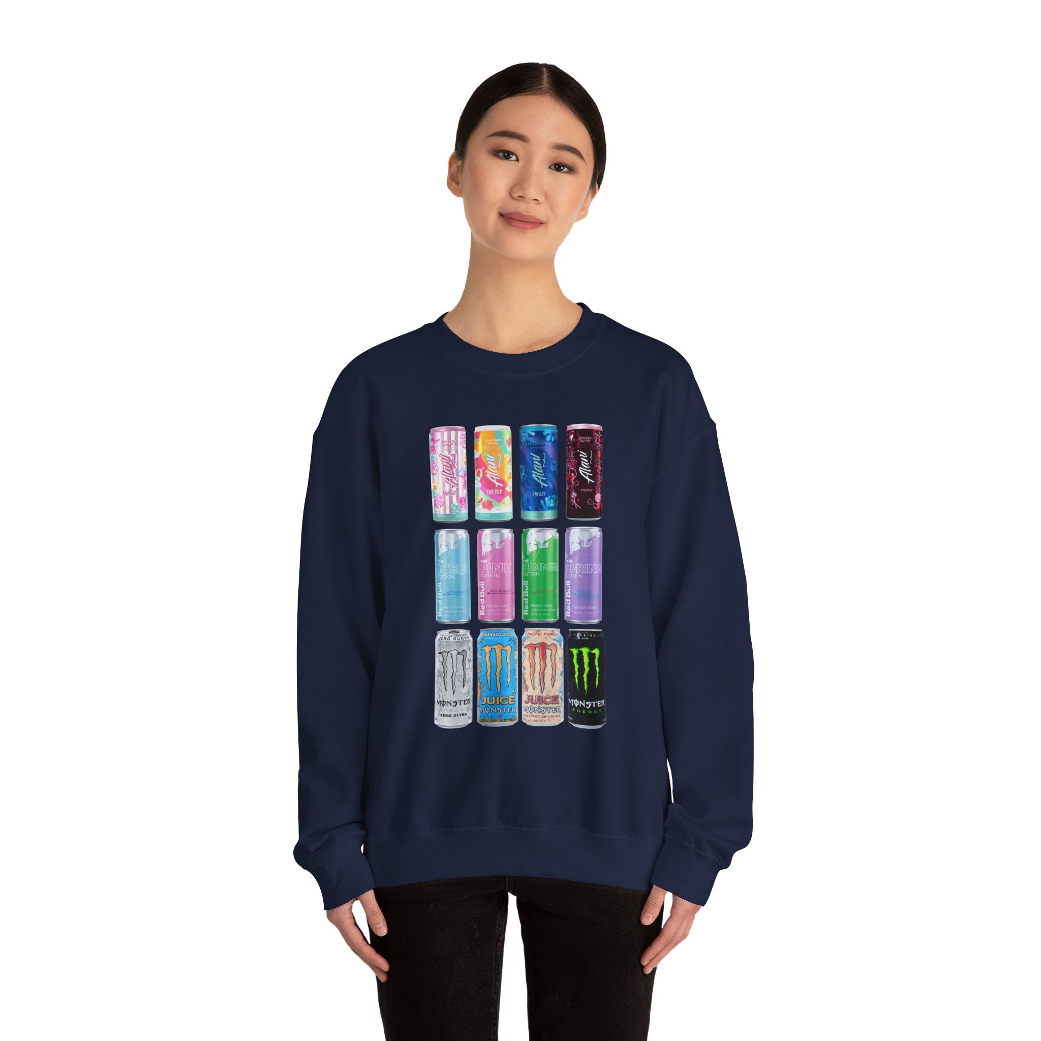 Energy Drink Can Grid Sweatshirt — Colorful Beverage Graphic Crewneck