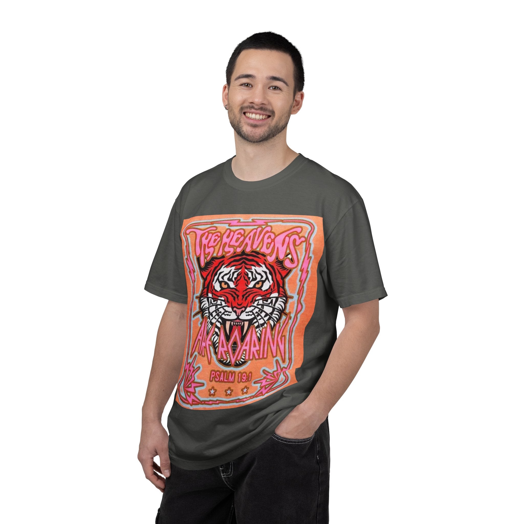 Tiger Roaring Graphic T-Shirt — "The Heavens Are Roaring" Vintage Poster Tee