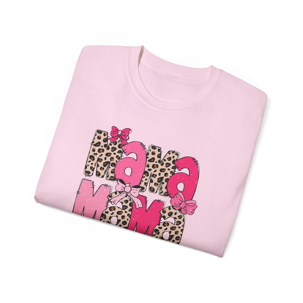 Mama Momma Leopard Pink Graphic Tee — Mother's Day Floral Bow T-Shirt