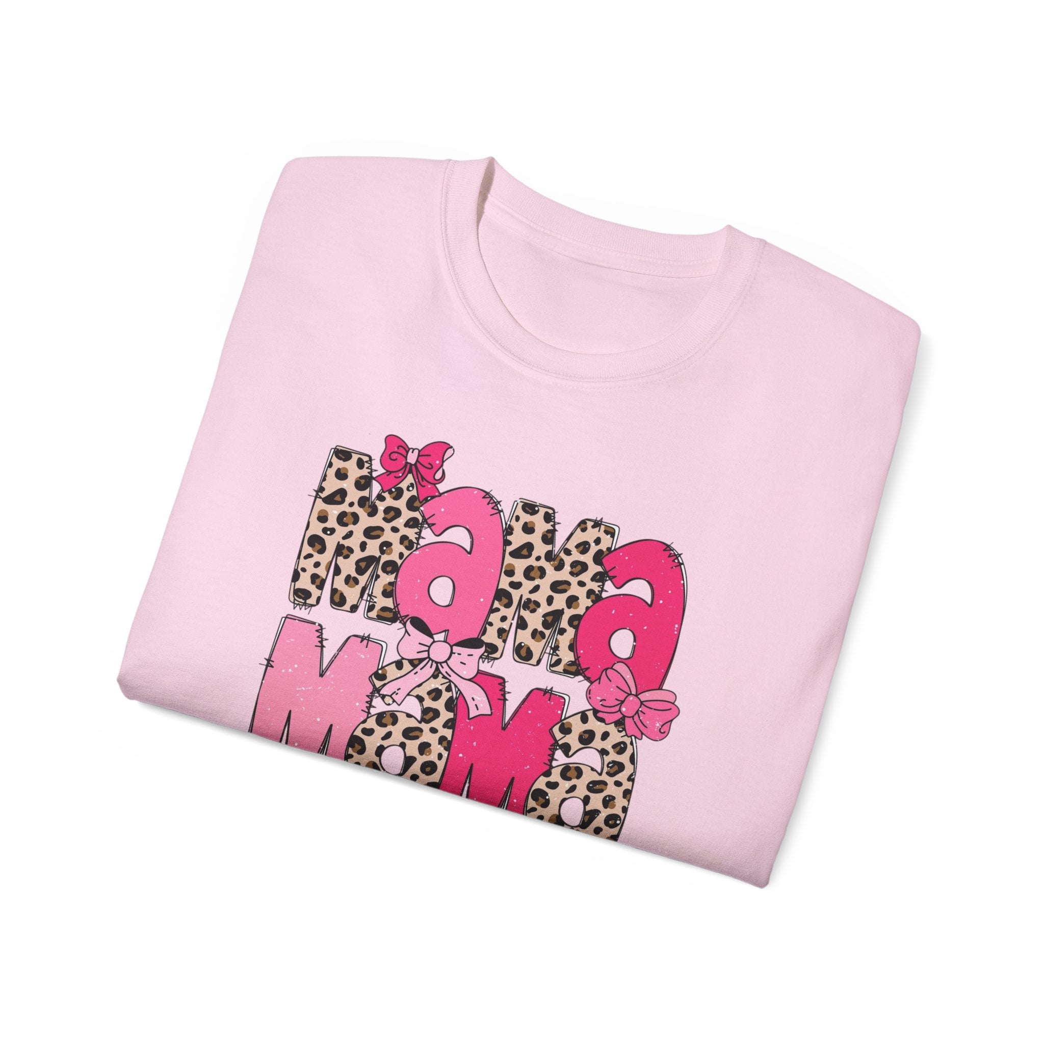 Mama Momma Leopard Pink Graphic Tee — Mother's Day Floral Bow T-Shirt