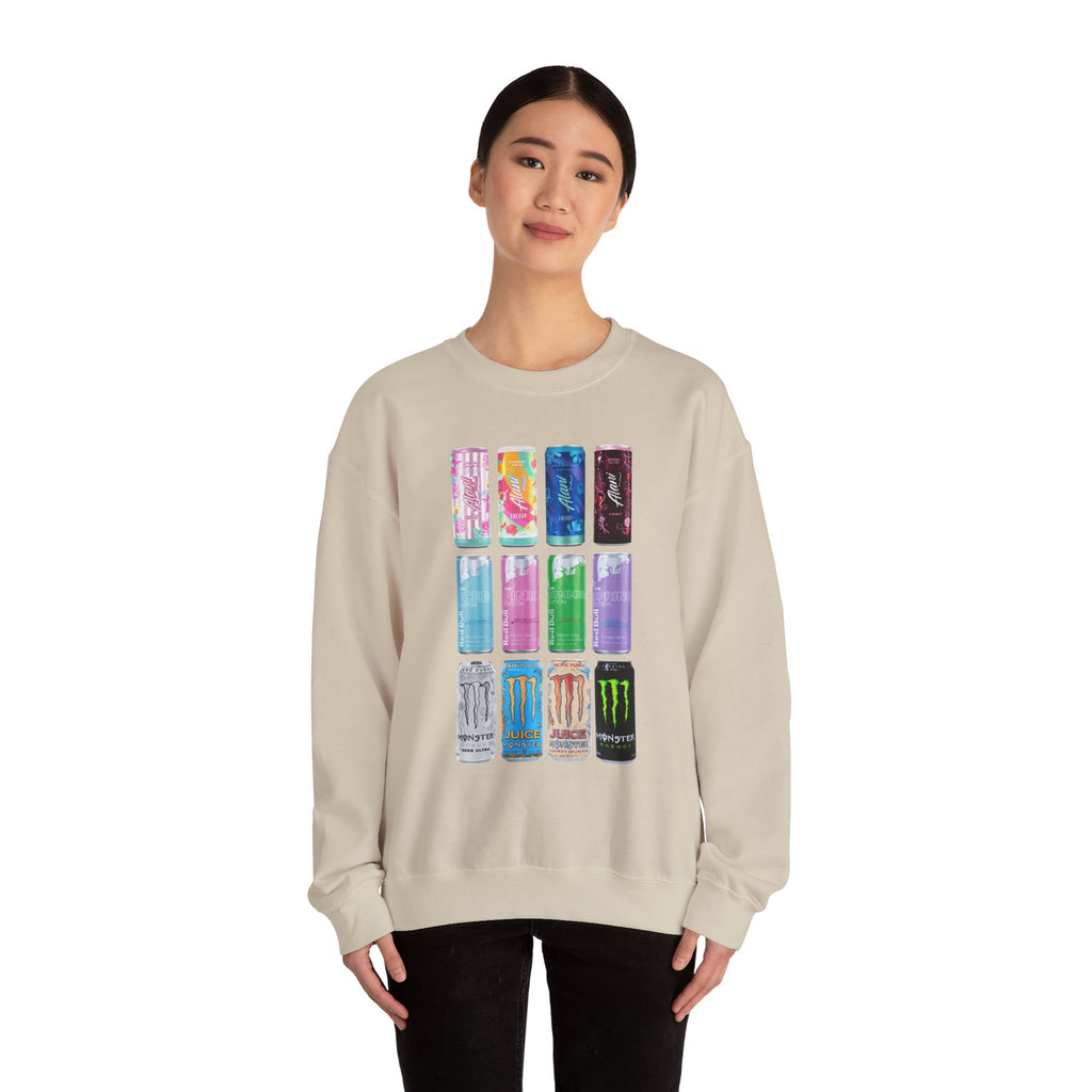 Energy Drink Can Grid Sweatshirt — Colorful Beverage Graphic Crewneck