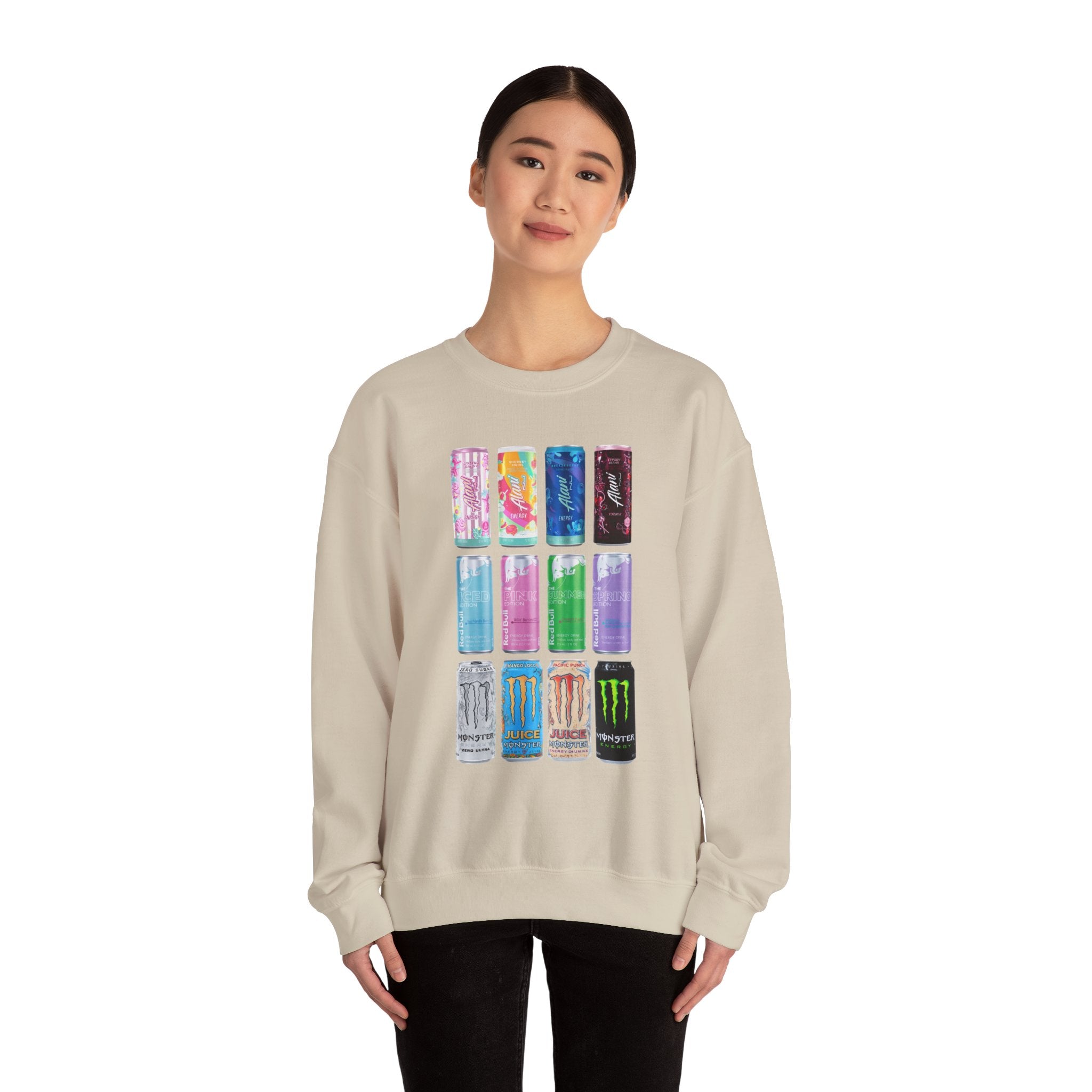 Energy Drink Can Grid Sweatshirt — Colorful Beverage Graphic Crewneck