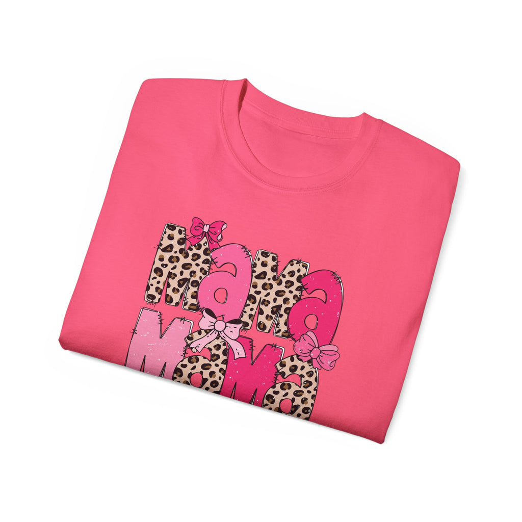 Mama Momma Leopard Pink Graphic Tee — Mother's Day Floral Bow T-Shirt