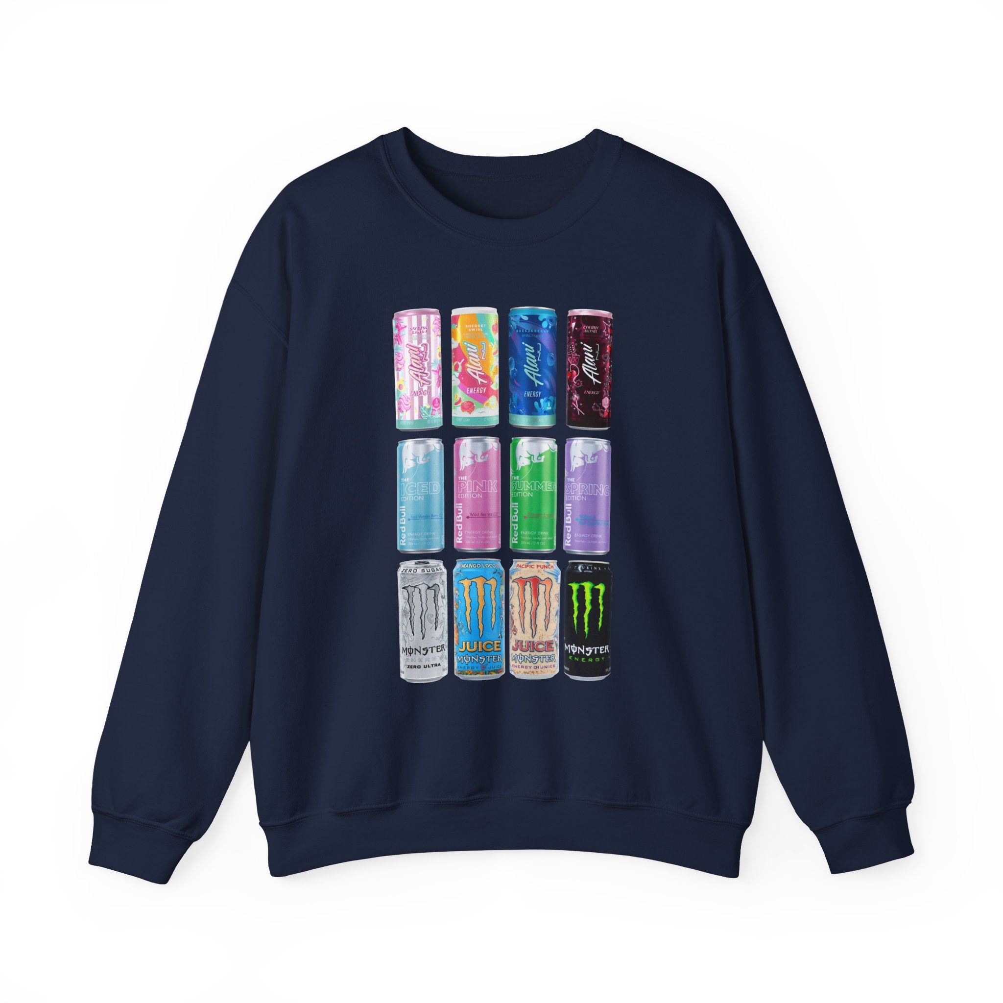 Energy Drink Can Grid Sweatshirt — Colorful Beverage Graphic Crewneck