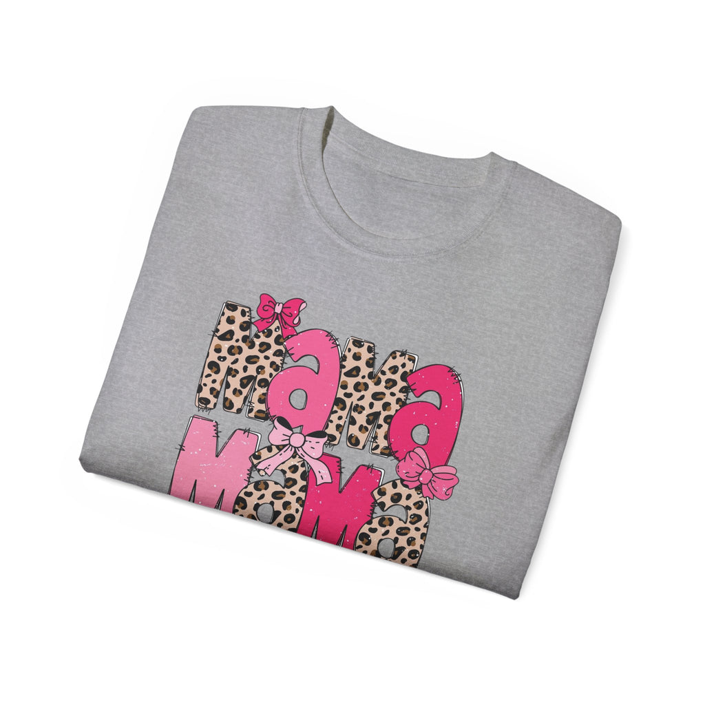 Mama Momma Leopard Pink Graphic Tee — Mother's Day Floral Bow T-Shirt