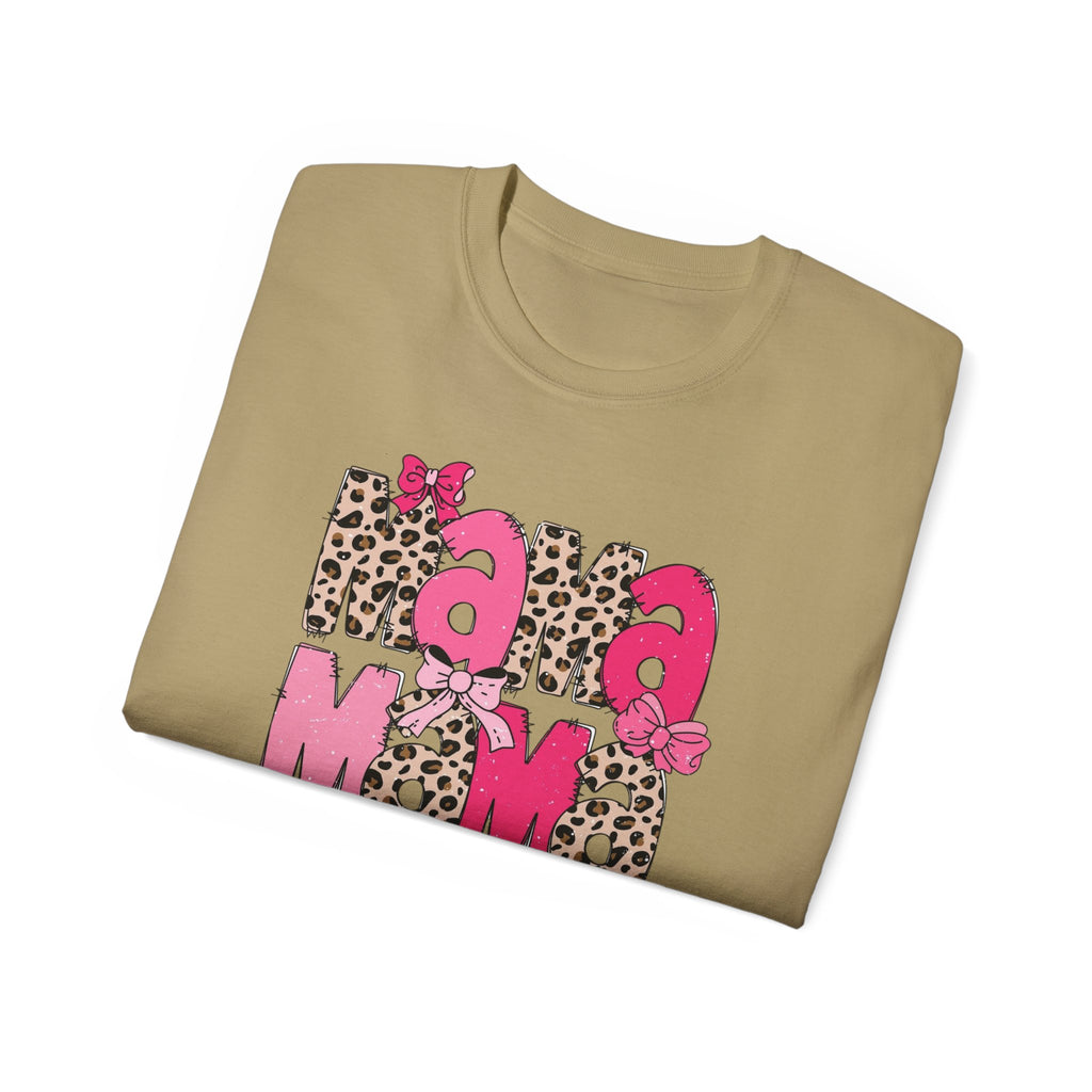 Mama Momma Leopard Pink Graphic Tee — Mother's Day Floral Bow T-Shirt