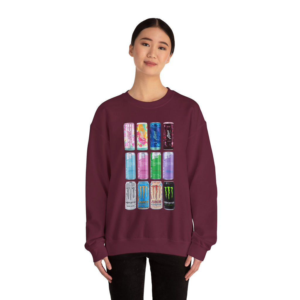 Energy Drink Can Grid Sweatshirt — Colorful Beverage Graphic Crewneck