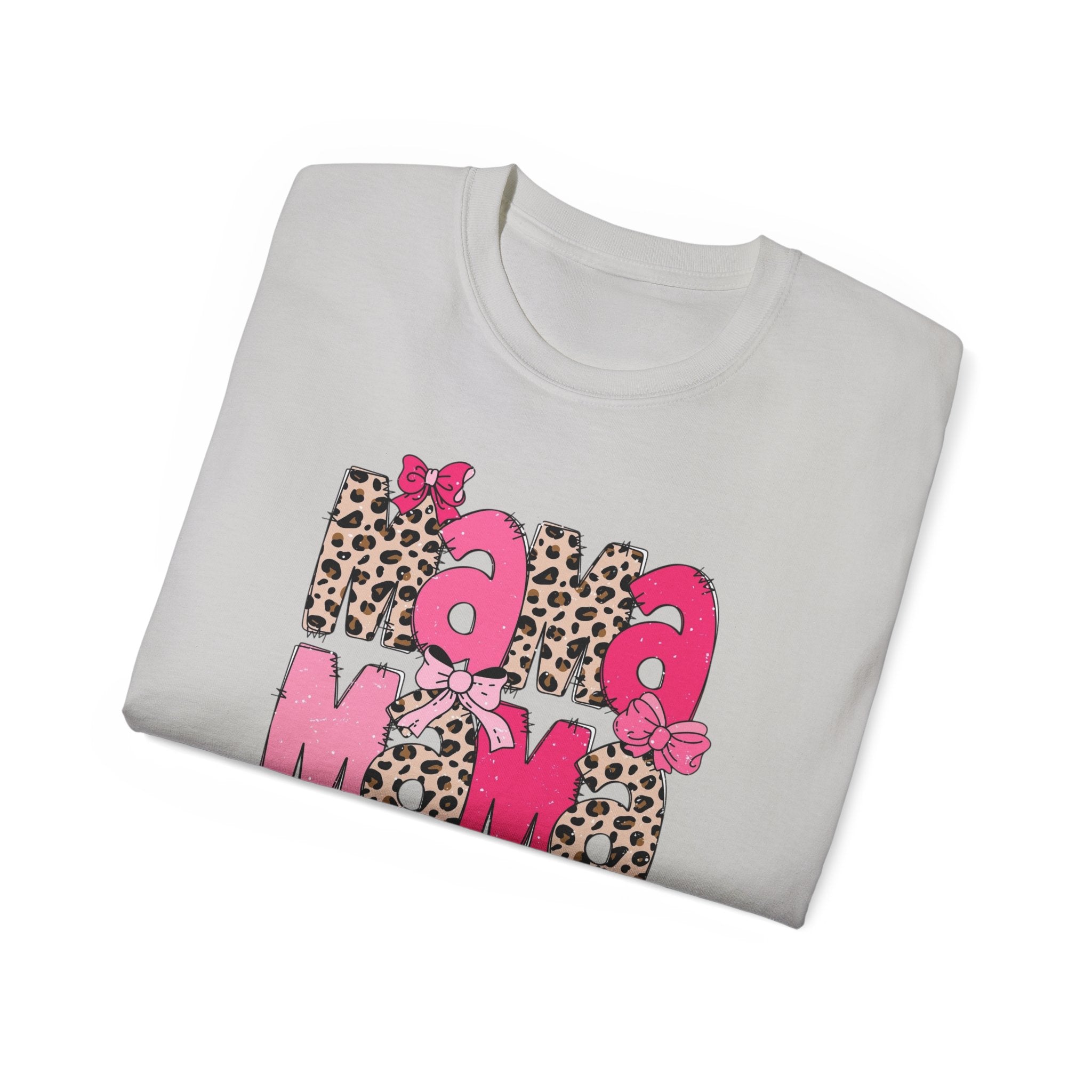 Mama Momma Leopard Pink Graphic Tee — Mother's Day Floral Bow T-Shirt