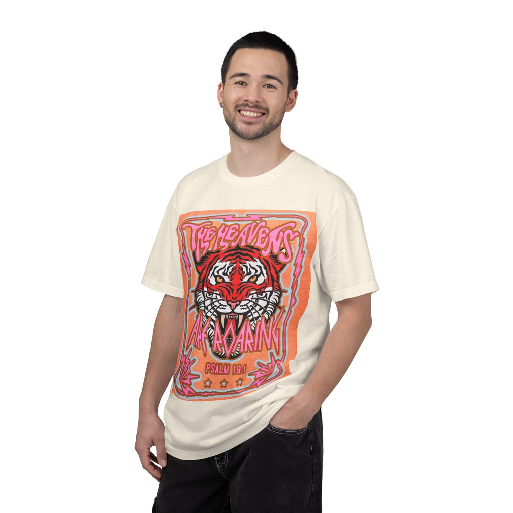 Tiger Roaring Graphic T-Shirt — "The Heavens Are Roaring" Vintage Poster Tee