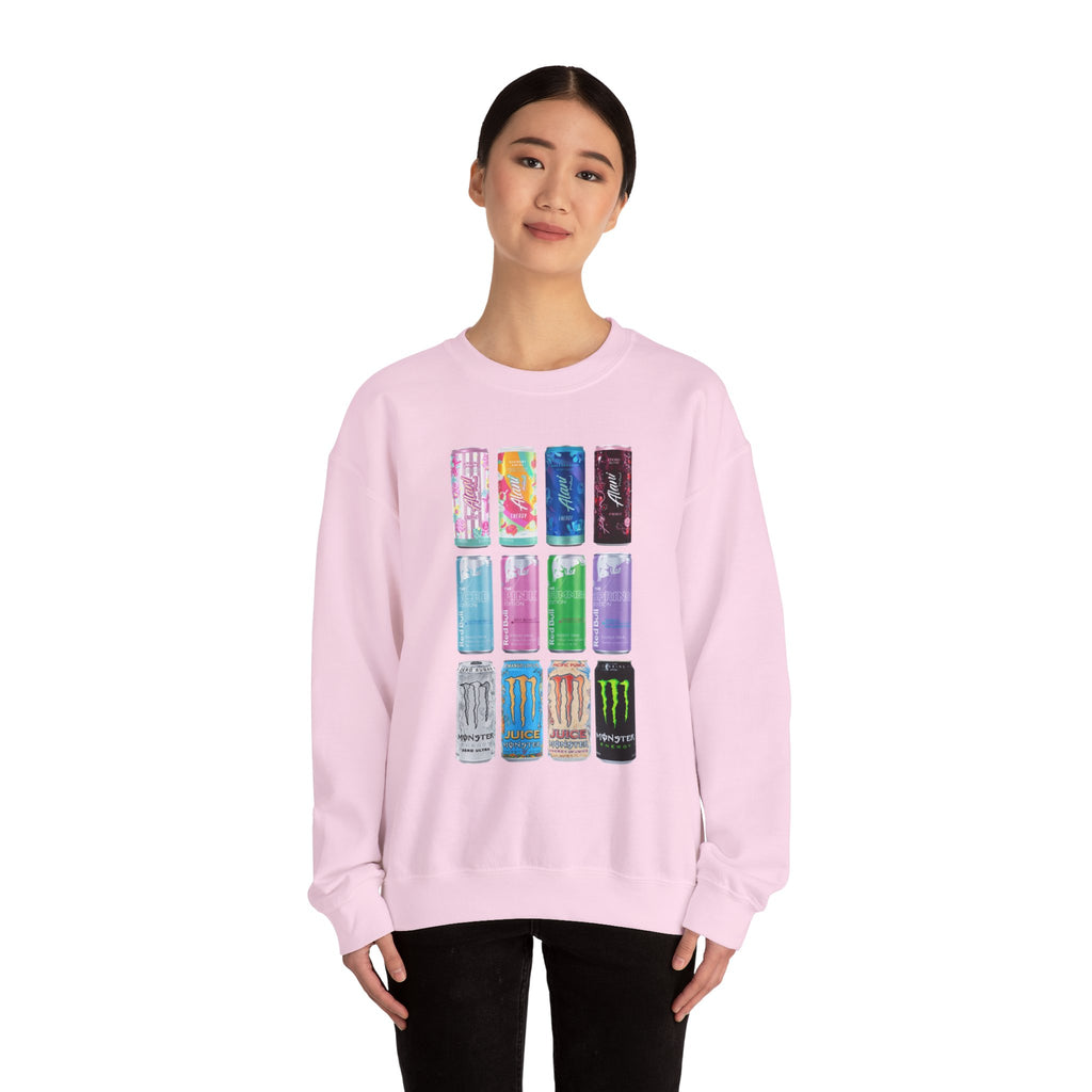 Energy Drink Can Grid Sweatshirt — Colorful Beverage Graphic Crewneck