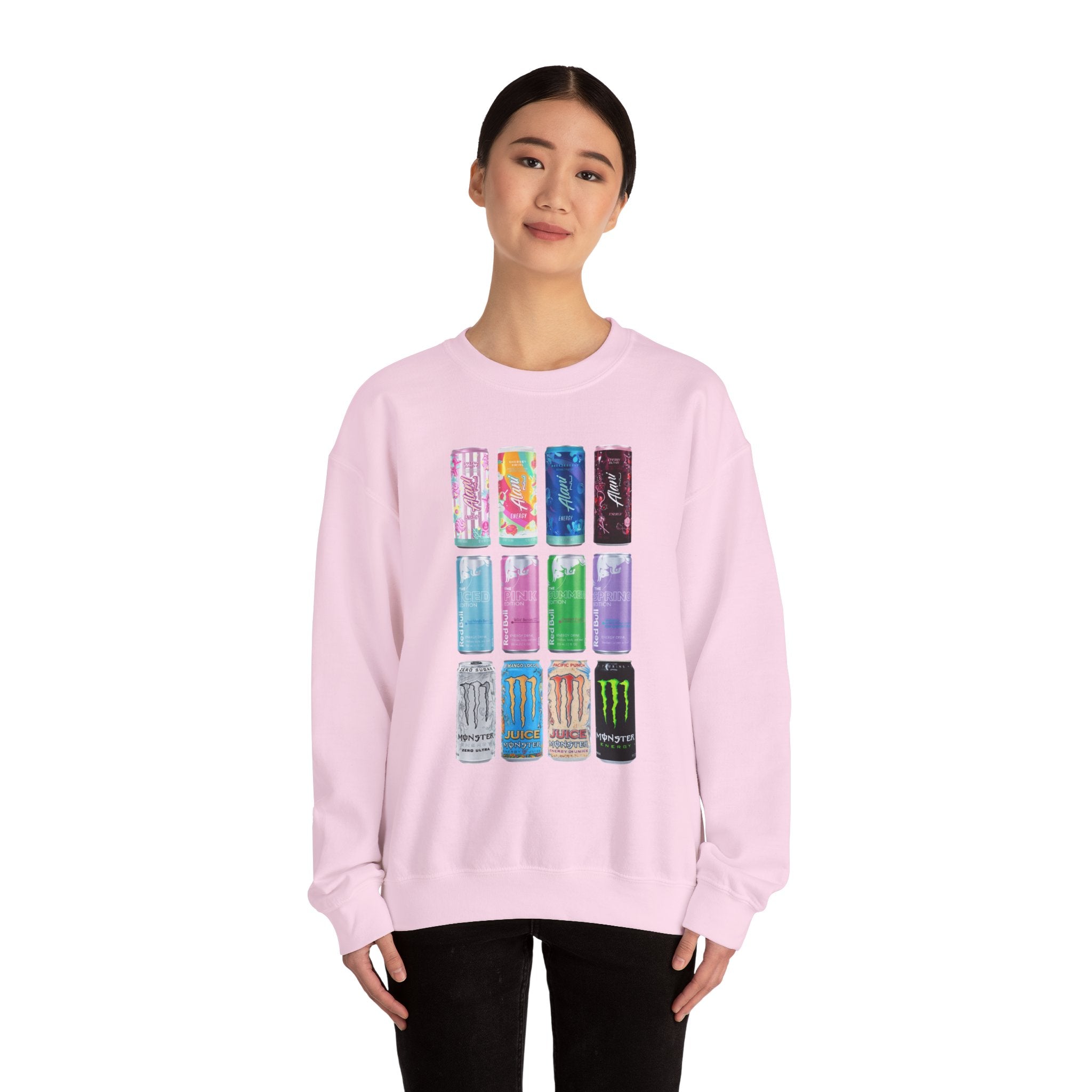 Energy Drink Can Grid Sweatshirt — Colorful Beverage Graphic Crewneck