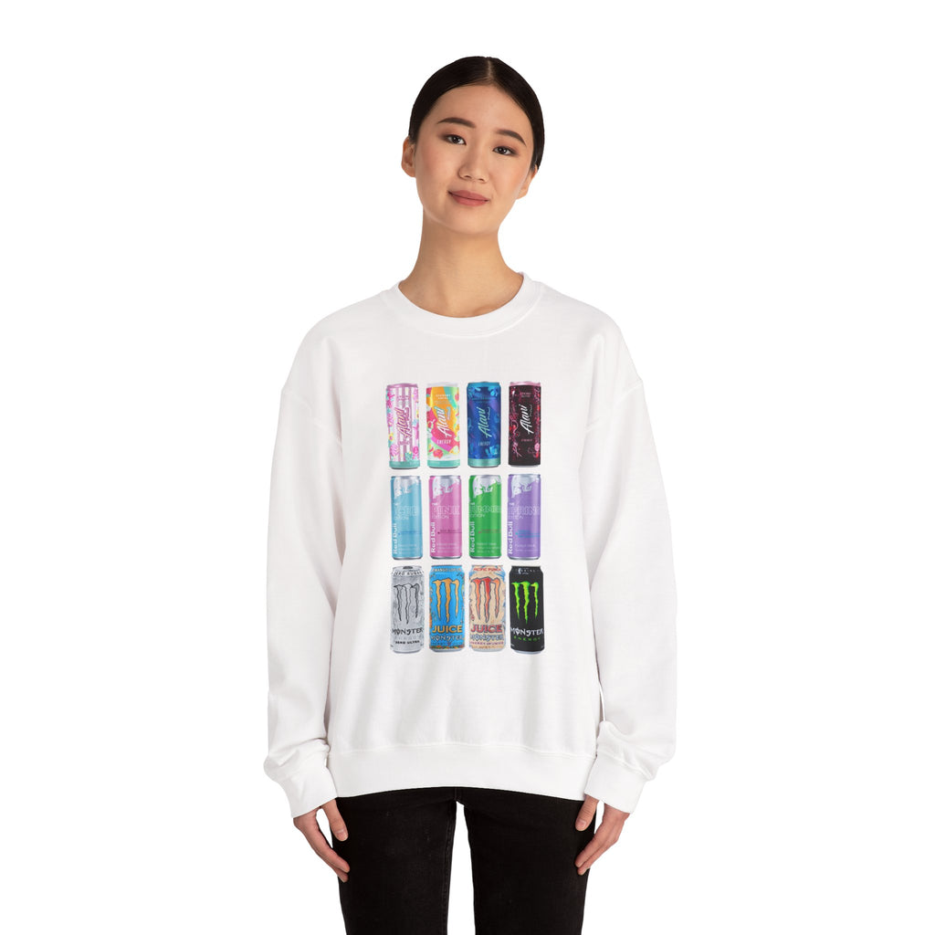 Energy Drink Can Grid Sweatshirt — Colorful Beverage Graphic Crewneck