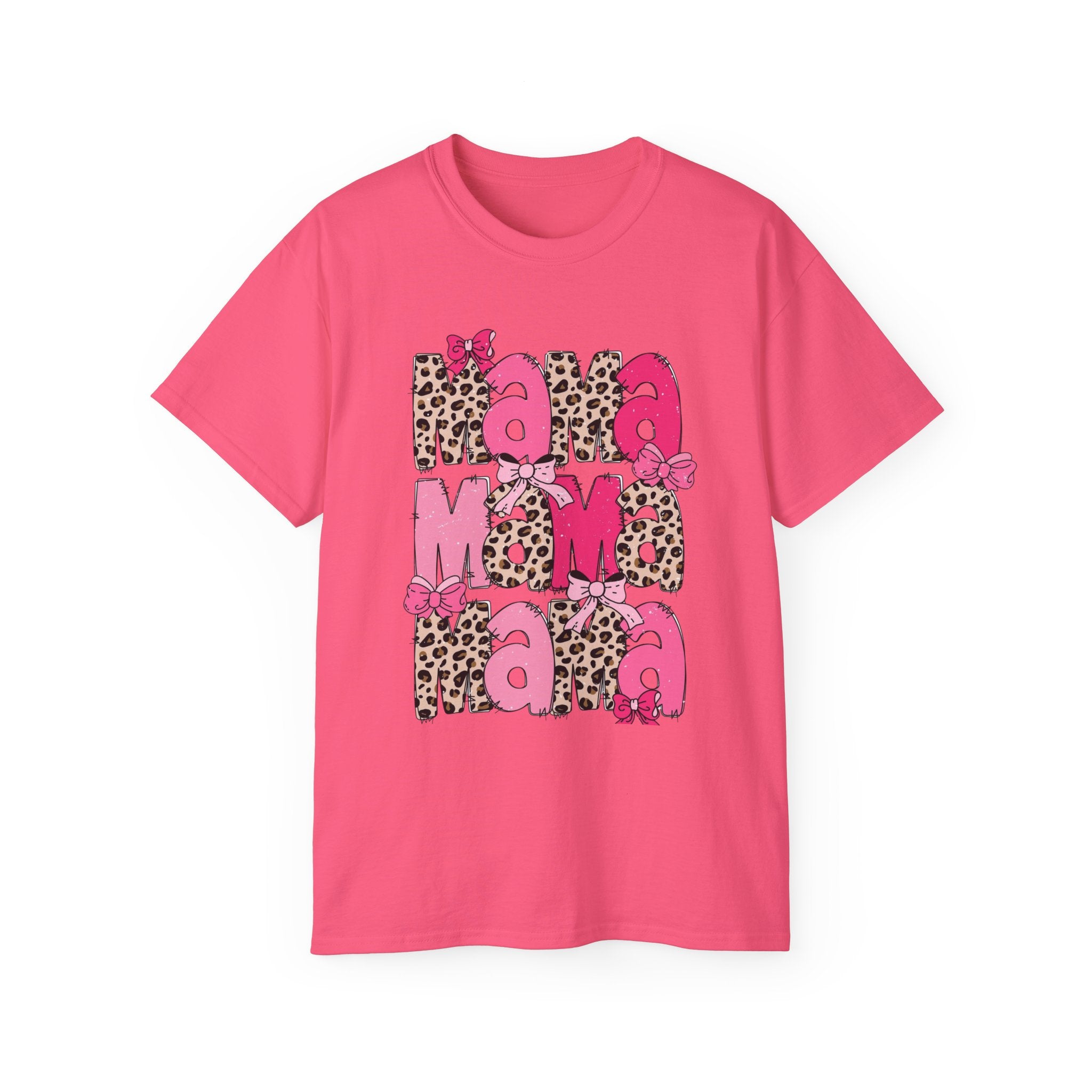 Mama Momma Leopard Pink Graphic Tee — Mother's Day Floral Bow T-Shirt
