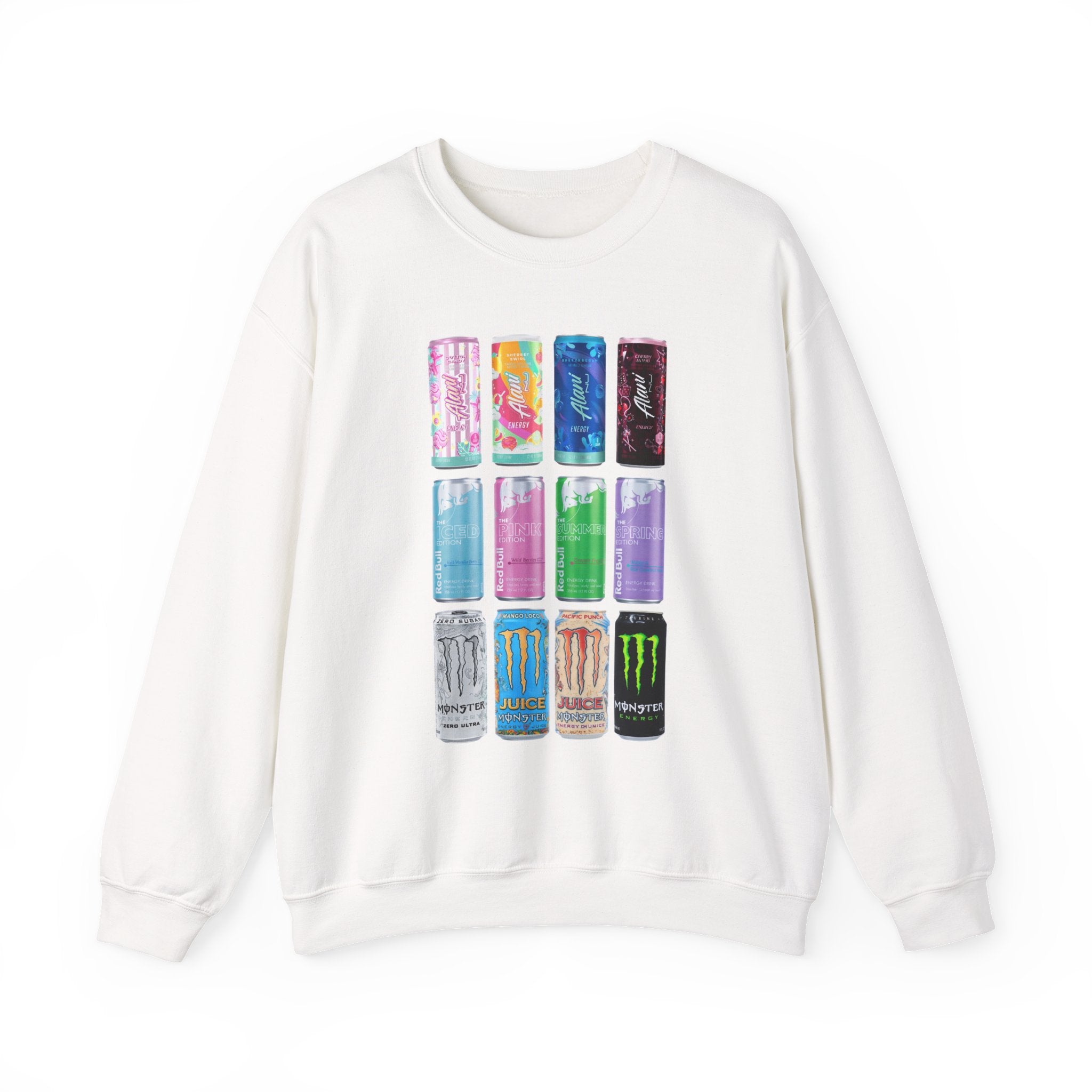 Energy Drink Can Grid Sweatshirt — Colorful Beverage Graphic Crewneck