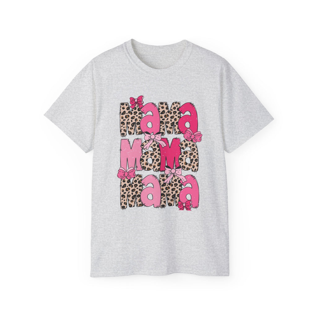 Mama Momma Leopard Pink Graphic Tee — Mother's Day Floral Bow T-Shirt