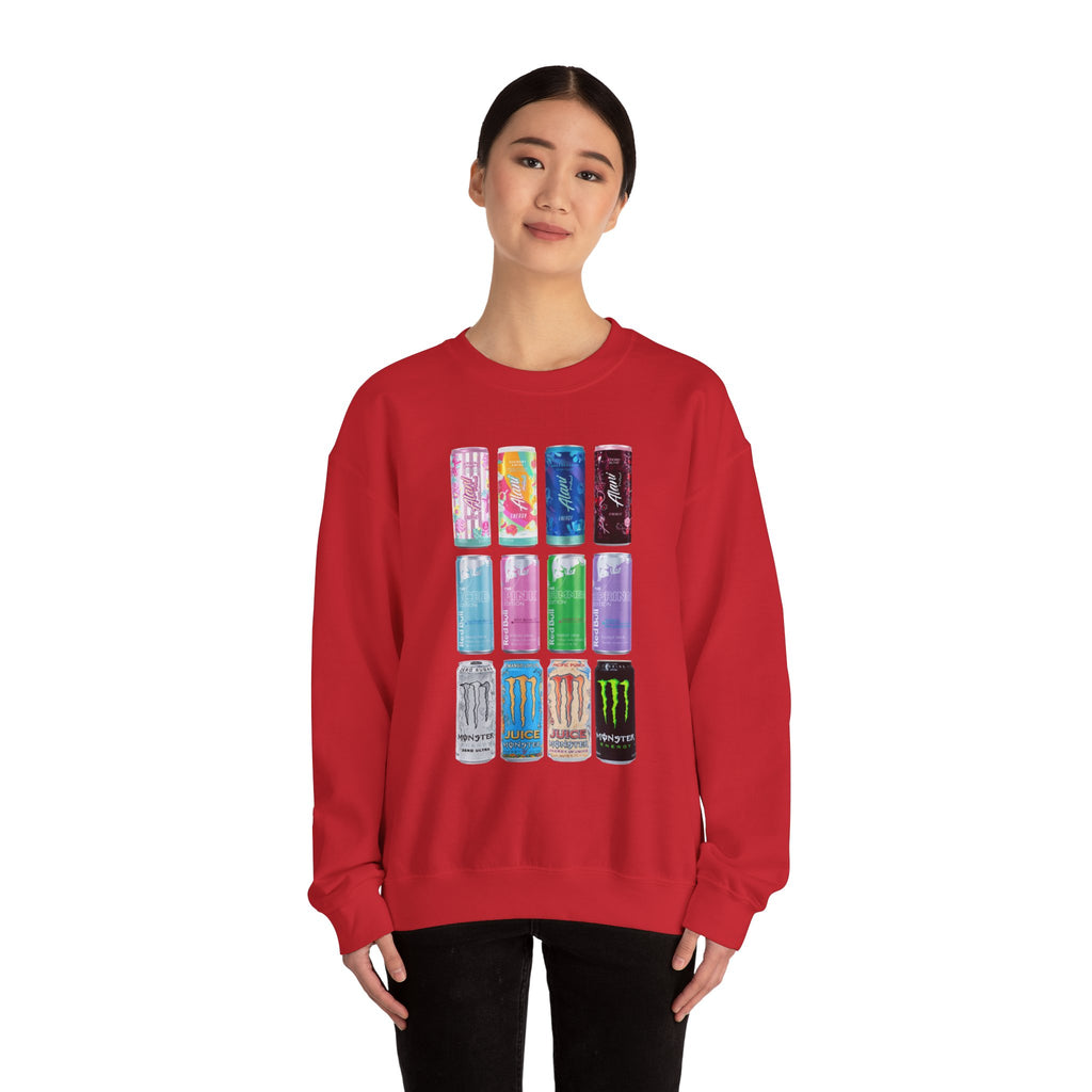 Energy Drink Can Grid Sweatshirt — Colorful Beverage Graphic Crewneck