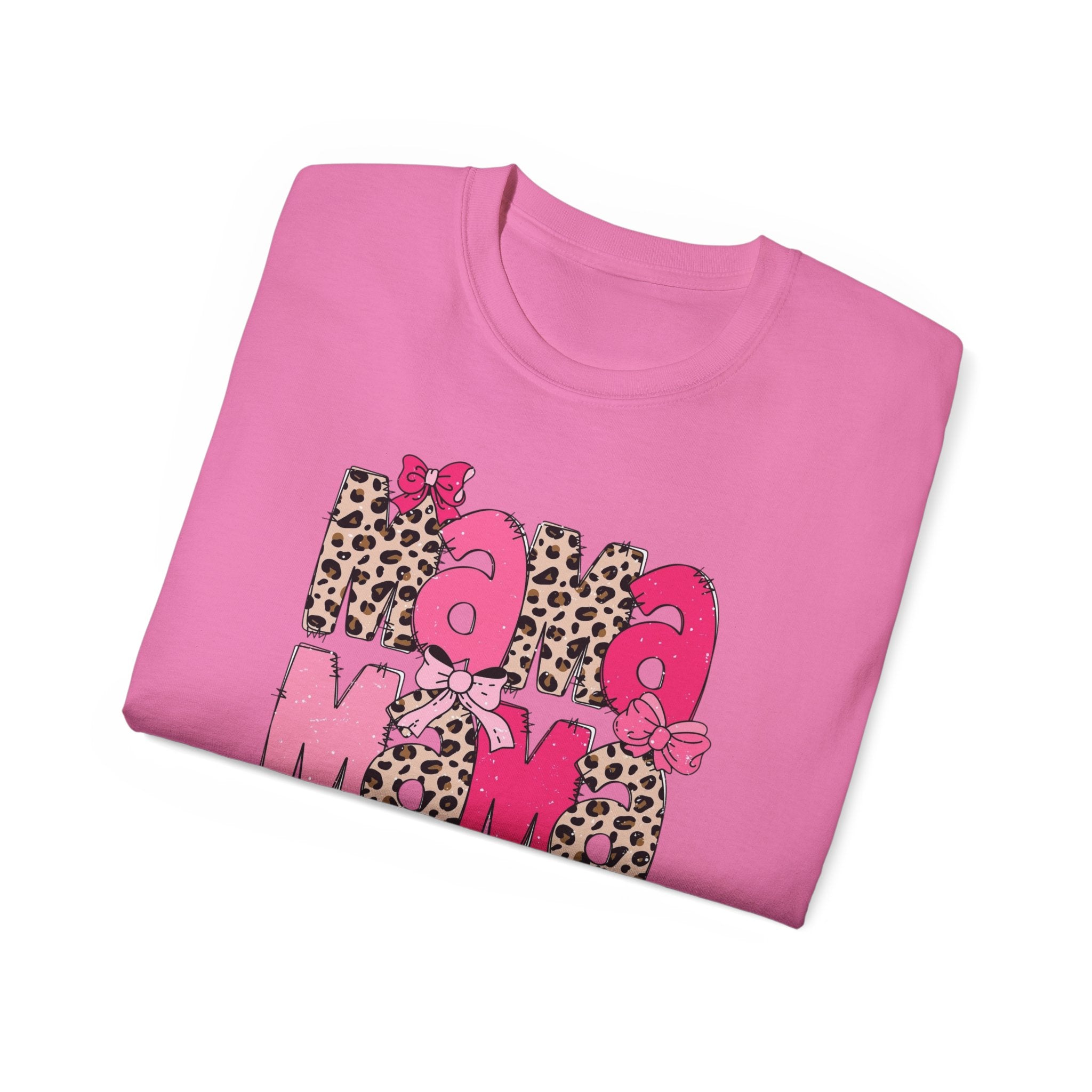 Mama Momma Leopard Pink Graphic Tee — Mother's Day Floral Bow T-Shirt